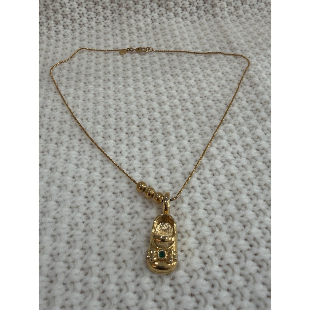 Vintage MONET Gold Tone Shoe Pendant Necklace Green Rhinestone 15"